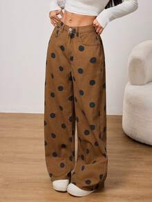 SHEIN PETITE Women's Casual Polka Dot Print Low Waist Loose Wide Leg Pants, Suitable For Daily Commute - Khaki - View 7