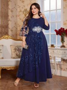 Reflora 大码优雅派对连衣裙，饰有3D立体花卉刺绣和网纱拼接 - 藍色 - 查看 10