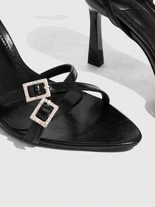 CUCCOO SZL Sandalias de tacón alto negro de moda para mujer, zapatos de primavera y verano para vacaciones de primavera, Pascua y baile de graduación - PU negro - Ver 9