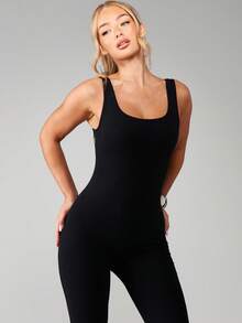 Missguided x Playboy Rhinestone Bunny Logo Scoop Neck Sleeveless Full Length Jumpsuit Fitted Straight Leg High Rise One Piece Outfit - Black - View 3