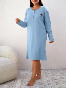 EURMUSE 100%Cotton Plus Letter Embroidery Half Button Nightdress - Baby Blue - View 4