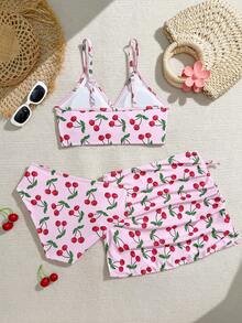SHEIN Tween Girl Cherry Print Spaghetti Strap Bikini Set With Ruffle Skirt - Baby Pink - View 2