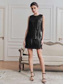 Anewsta黑色圆领流苏镂空无袖时尚优雅皮裙，适合情人节、春夏穿着 - 黑色 - 查看 5