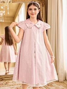 SHEIN Tween女孩休閒彼得潘領短袖洋裝 粉色優雅長洋裝 灰粉色長洋裝 - 粉色 - 查看 4