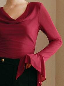 Anewsta Women's Elegant U-Neck Fitted Flare Sleeve Minimalist Commuter T-Shirt, Red Flare Long Sleeve Top - Red - View 6