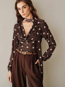 Áo kiểu nữ Anewsta thanh lịch cổ buộc dây, chất liệu satin mềm mại, màu nâu chấm bi cổ điển, tay dài, thích hợp cho mùa xuân/hè. - màu nâu - Xem 5