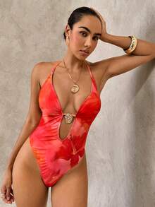 Swim Glamine Áo tắm liền thân gợi cảm kiểu Bohemian dành cho nữ, họa tiết hoa dâm bụt, cổ yếm. - trái cam - Xem 5