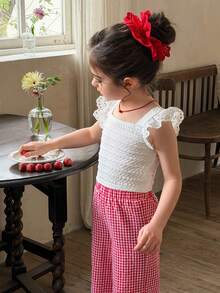LMoss Kids White Casual Vacation Home Patchwork Embroidery Lace Trim Fitted Short T-Shirt,Kids - White - View 4