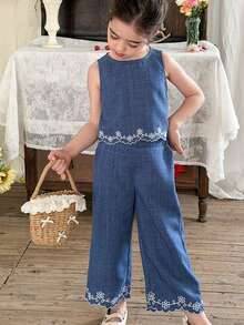 LMoss Kids 两件套女童纯色圆领无袖刺绣背心和长裤套装 - 藍色 - 查看 8