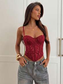 Aloruh 女士时尚紧身胸衣上衣 - 性感镂空蕾丝文胸露脐上衣，适合派对/旅行/节日（圣诞节、情人节、万圣节），酒红色文胸上衣，情人节衬衫 - 紅色 - 查看 8