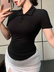 DAZY Women's Black Loose Fit Fashionable Office Wear Slim Fit Polo Shirt Short Sleeve T-Shirt, Spring/Summer