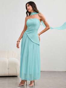 Vestido de mujer con volante asimétrico en el bajo y cuello halter, elegante y encantador, color amarillo claro, para primavera/verano - Azul Agua - Ver 3