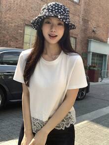 DAZY Women's Round Neck Lace Patchwork Short Sleeve Casual Chic Korean Style T-Shirt, Spring/Summer - White - View 10