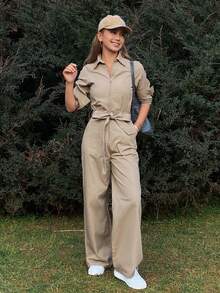 Livesso Women's Casual Denim Jumpsuit With Collar, Tie Waist - Beige - View 6