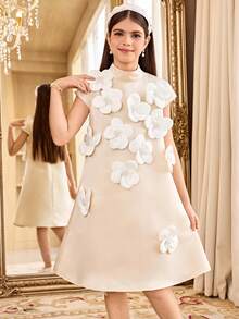 SHEIN Tween Girl Elegant Beige Summer Wedding Guest Dress, Cute 3D Floral Decor A-Line Short Sleeve Solid Color Tween Girl Dress For Back To School, Champagne - Apricot - View 8