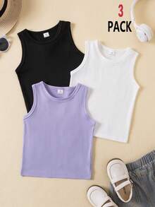 SHEIN Playful Pals 3件套女童纯色圆领简约时尚百搭吊带背心，夏季 - 彩色 - 查看 3