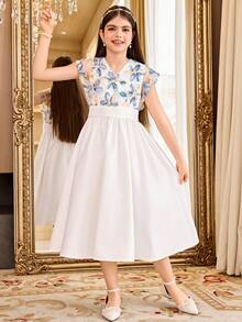 SHEIN Tween Girls' Elegant White V-Neck Short Sleeve Dress,White And Blue Floral Summer Wedding Guest Girl Vintage Midi Dress Puff Sleeves Spring Dress - White - View 5