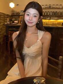 DAZY 女士系带荷叶边休闲衬衫和宽松长裤两件套，清新韩风，适合春夏穿着 - 黃色 - 查看 2