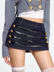 ROMWE Grunge Punk Falda vaquera de cintura baja con decoración de botones de bronce estilo palacio retro Y2K - Azul - Ver 2