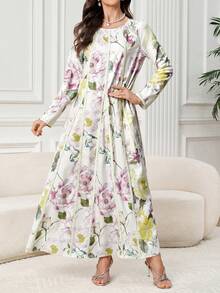 Yasmyna 女士花卉印花优雅长袖阿拉伯连衣裙 - 彩色 - 查看 3
