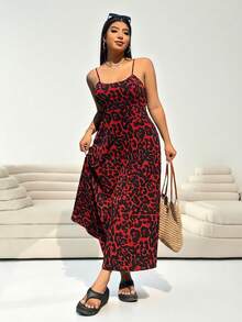 SHEIN EZwear Plus Size Leopard Print Adjustable Waist Dress With Spaghetti Straps, Backless Design And Hidden Zipper, Suitable For Spring/Summer, Summer Dresses - Red - View 6