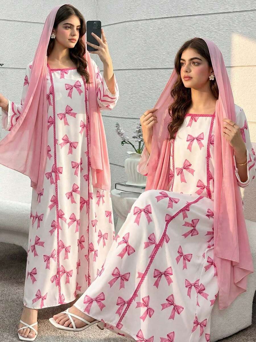 SHEIN 少女蝴蝶结印花方领优雅连衣裙 - 彩色 - 查看 1