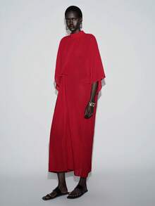 Lumivelle 女士中东风情休闲高领扭腰透视长裙 - 紅色 - 查看 4