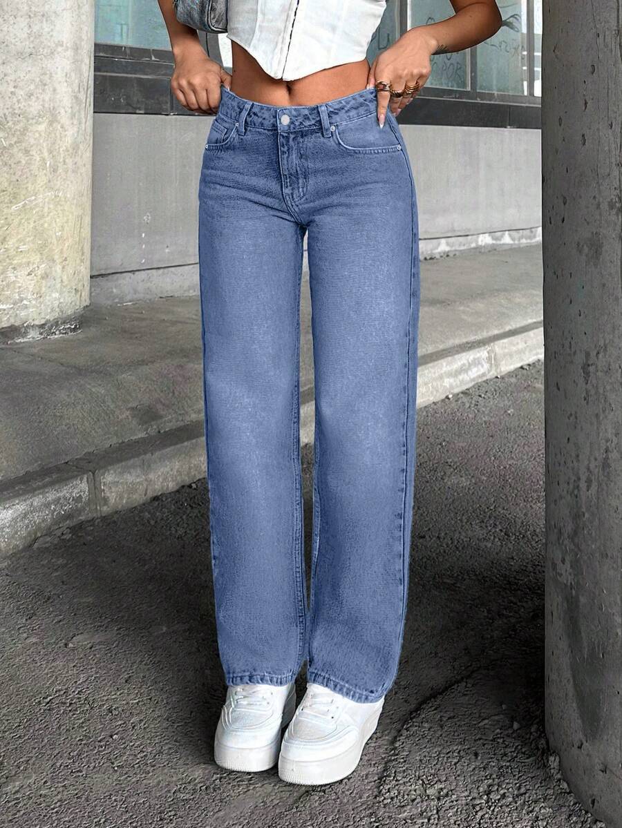 Women's Casual Washed Low-Waist Straight-Leg Jeans - Baby Blue - View 1