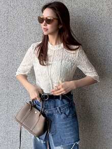 FRIFUL Women's Round Neck Lace Embroidered Fitted Short Sleeve Crop Top, Summer - White - View 4