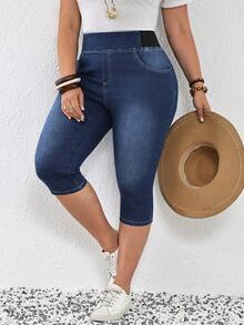 SHEIN Tall CURVE 春夏大码女式舒适高弹面料弹性腰带口袋休闲修身七分牛仔裤 - 深色水洗藍 - 查看 2