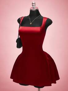 SHEIN ICON 大码女士情人节缎面红色连衣裙 - 紅色 - 查看 1