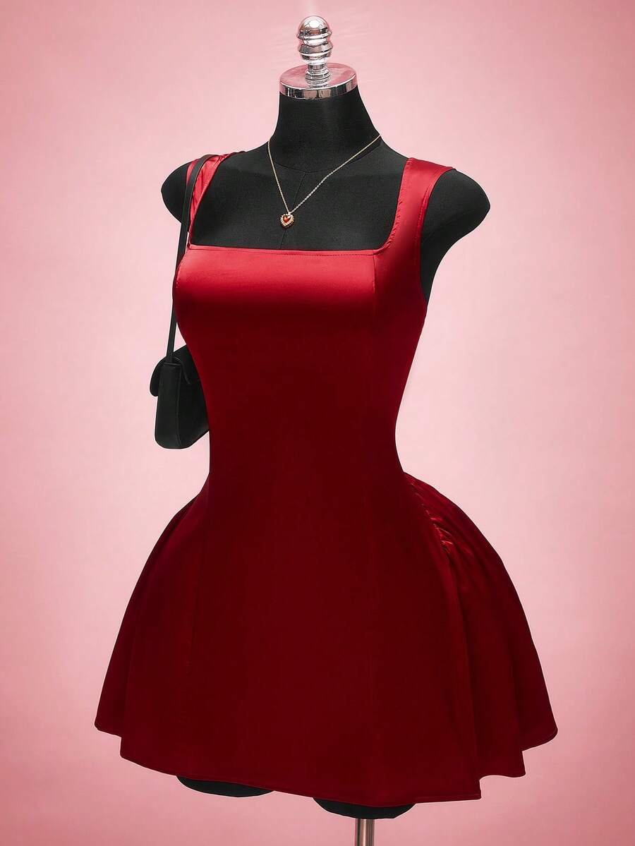 SHEIN ICON 大码女士情人节缎面红色连衣裙 - 紅色 - 查看 1