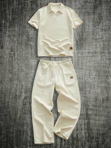 HIMLAND Men's Printed Short Sleeve Polo Shirt And Drawstring Waist Pocket Wide Leg Pants Casual Outfit - Apricot - View 3