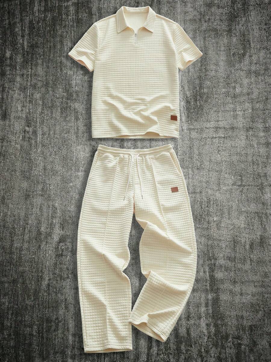 HIMLAND 男士印花短袖 Polo 衫搭配抽绳腰带口袋阔腿裤休闲套装 - 杏色 - 查看 1