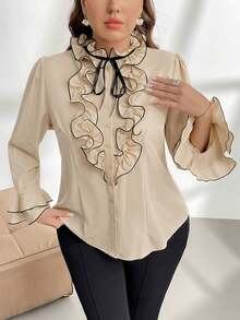 Firerie Plus Size Elegant Color Block Flare Sleeve Long Sleeve Shirt, Commuter Style - Apricot - View 3
