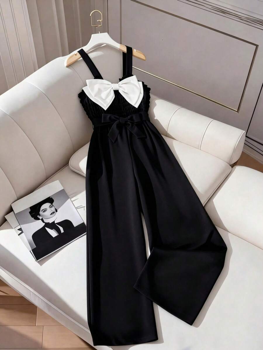 Girls' Sleeveless Ruffled Wide Leg Jumpsuit With Tie Waist, Bow Decor, Summer Outfit - Black - View 1