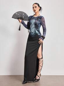 ROMWE Avant Women's New Chinese Style Mysterious Buddha Graphic Mesh Sequin Embroidered Long Sleeve Top