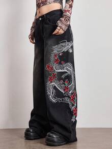 ROMWE Grunge Punk Women's Chinese Dragon & Floral Embroidered Pocket Wide Leg Loose Casual Jeans - Black - View 1