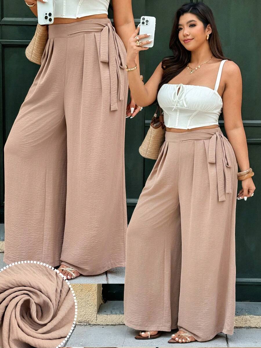 Vionelle Plus Size Waist Tie Wide Leg Pants,Women's High Waist Baggy Trousers,Chocolate Brown,Autumn,Smart Casual,Vacation,Holiday,Boho Wrap Around Loose Pants - Khaki - View 1