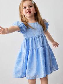 Maija Kids Vestido casual y cómodo con cuello redondo, mangas abultadas y cintura ceñida, con estampado floral y unicolor para niña - Azul - Ver 5
