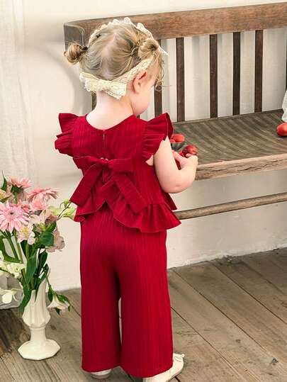 LMoss Kids 2pcs Baby Girl Woven Solid Color Round Neck Ruffle Casual Shirt And Pants Set