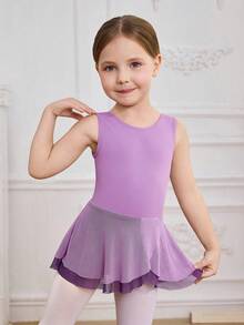 Young Girls Sleeveless Purple Ballet Dress, High Stretch Smooth Fabric With Soft Mesh Skirt Layer, Suitable For Ballet Performance, Competition, And Training - Purple - View 1
