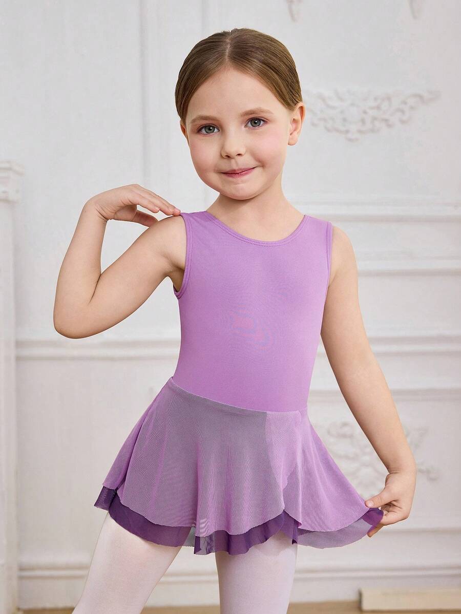 Young Girls Sleeveless Purple Ballet Dress, High Stretch Smooth Fabric With Soft Mesh Skirt Layer, Suitable For Ballet Performance, Competition, And Training - Purple - View 1
