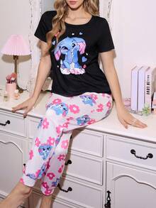 甜美碎花圆领撞色女士睡衣套装 - 彩色 - 查看 3