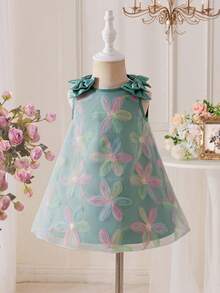 SHEIN Baby Girl Loose Elegant Big Bow 3D Flower Sleeveless Dress - Green - View 3