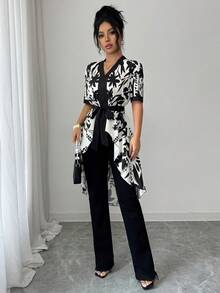 Elenzga 女士V领系带蝴蝶结修身腰部优雅休闲度假碎花不对称时尚黑色衬衫 - 彩色 - 查看 7