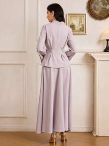 Modelyn 女士纯色简约长袖上衣和半裙两件套，日常穿着 - 紫色 - 查看 3
