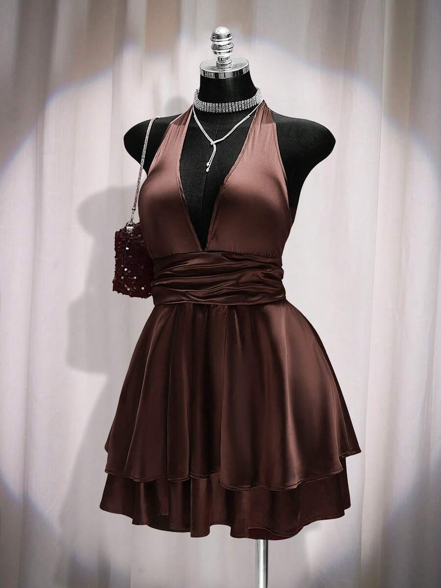 SHEIN ICON 大码女士缎面深V领吊带连衣裙，棕色 - 棕色 - 查看 1