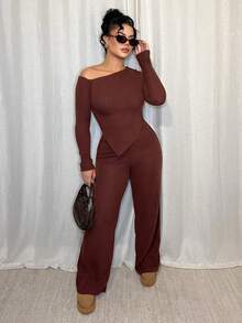 Dayanna Comas Women's Casual Asymmetrical Shoulder Fuzzy T-Shirt + Wide Leg Low Waist Pants 2 Pieces Set, Winter Fall Cloth For Women - Brown - View 1