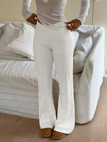 Aloruh White Rib Knit Extra Long Flares Sweater Pants For Women Casual Plain Pattern - White - View 5